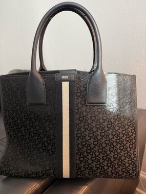 DKNY Black Logo Tote with Cream Center Stripe Accent